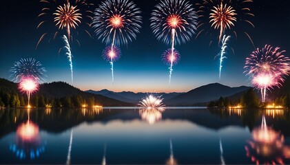 An explosion of vibrant fireworks lighting up the night sky over a serene lake