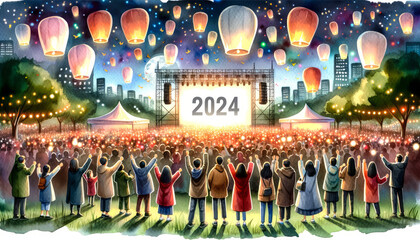 Naklejka premium Watercolor painting of a joyful crowd of diverse people celebrating the New Year 2024 in a park, with lanterns floating in the sky and a countdown projection on a large screen