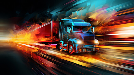 truck on a highway with motion blur - obrazy, fototapety, plakaty