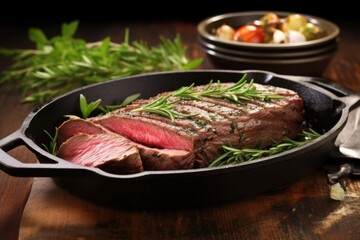 gleaming beef roast in black iron skillet with herbs