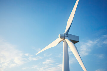 Close-up of wind turbine on blue sky background
