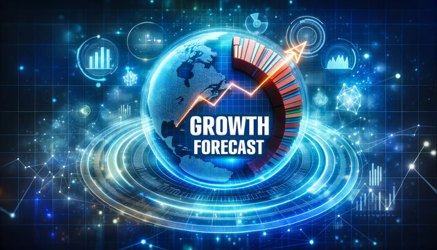 3D illustration of a holographic pie chart with 'Growth Forecast' text, surrounded by digital data points and graphs, emphasizing a surge in profit and money increase.