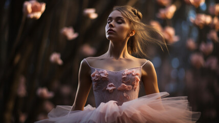 beautiful young ballerina dancing in the park.