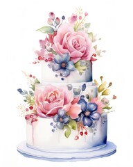 Watercolor wedding cake isolated on white background.