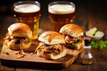 mini bbq pork sandwiches with a glass of pale ale
