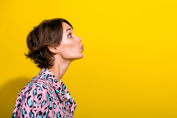Profile photo of nice adorable person pouted lips kiss look empty space isolated on yellow color background