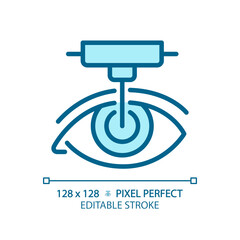 2D pixel perfect editable blue laser surgery icon, isolated monochromatic vector, thin line illustration representing eye care.