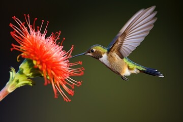 hummingbird mid-flight sipping nectar from a flower