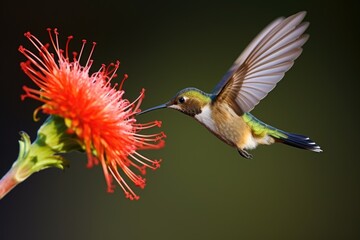 Fototapeta premium hummingbird mid-flight sipping nectar from a flower
