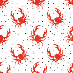 Red crab seamless pattern on white background. Vector illustration.