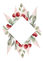 Watercolor Christmas floral frame with cranberry branch