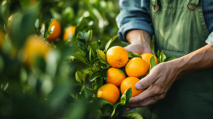 farmer picking orange from the garden - obrazy, fototapety, plakaty