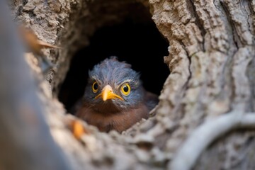 a cuckoo bird emerging from a hole in a tree - obrazy, fototapety, plakaty