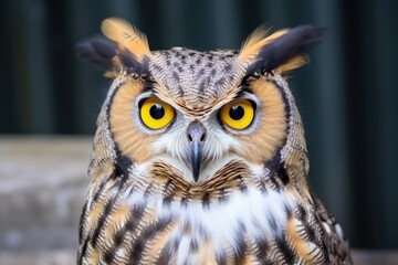 close-up of a perched owl, staring with yellow eyes