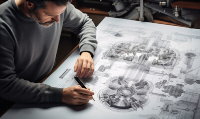 Engineer technician designing drawings mechanical parts engineering Engine.manufacturing factory Industry Industrial work project blueprints measuring bearings caliper tools