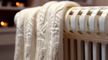 Modern central heating battery. Home radiator close-up. Warm knitted scarf hanging on the convector.