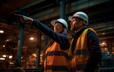 A portrait of an industrial man and woman engineer in a factory, working.