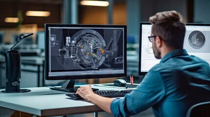 Obraz na płótnie Canvas Over the Shoulder Shot of Engineer Working with Software on Desktop Computer, Screen Shows Technical Details and Drawings. In the Background Engineering Facility Specialising on Industrial Design