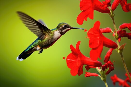 a hummingbird sipping nectar from a bright red flower