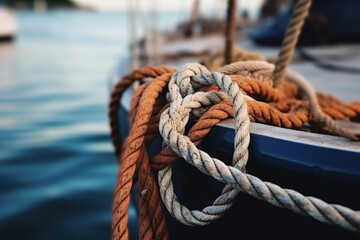 boat cleat tied with thick coiled rope - obrazy, fototapety, plakaty