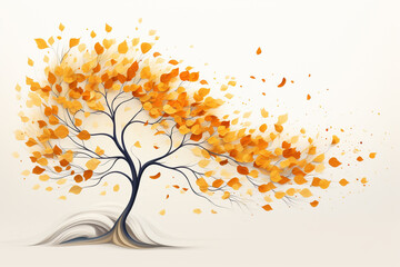 Serene beauty of an autumn tree as golden leaves rustle in the wind, set against a pure white backdrop. Ai generated