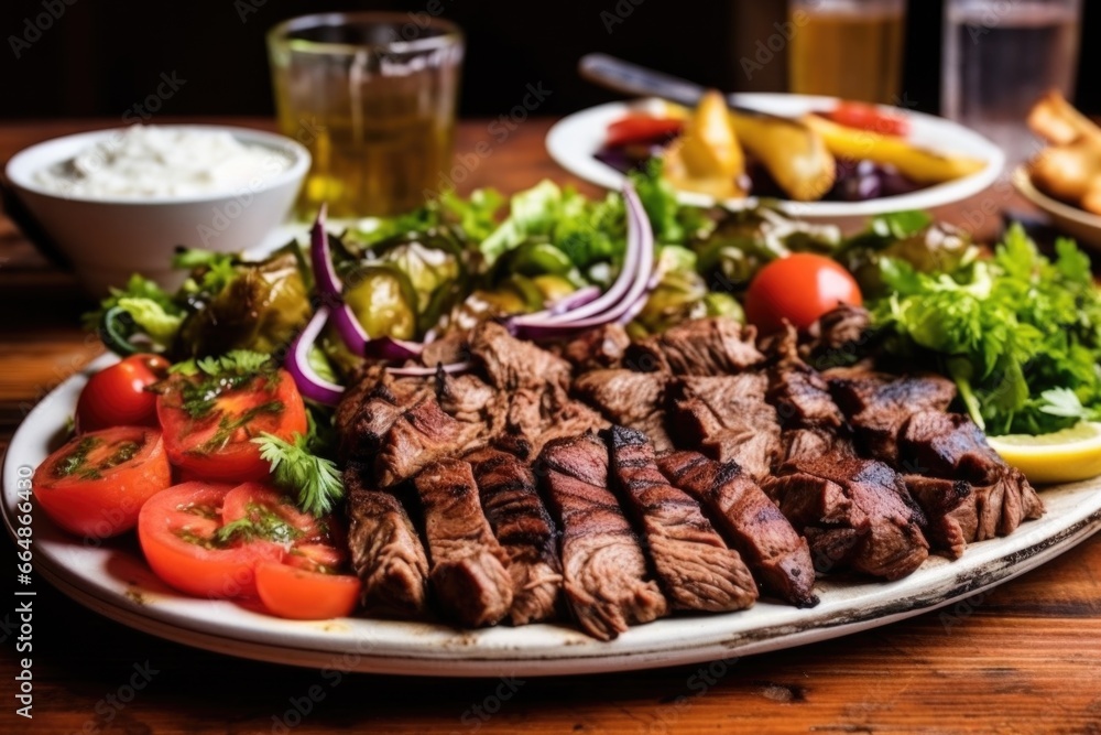 Poster a plate full of grilled churrasco meats and salads