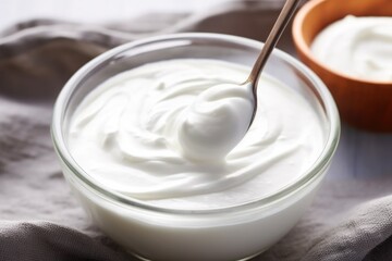 stirring greek yogurt in a bowl with a spoon - obrazy, fototapety, plakaty
