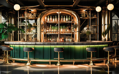 Blur shot of classic luxury counter bar drink.cocktail bartender with  light gold bokeh background.beverage concepts