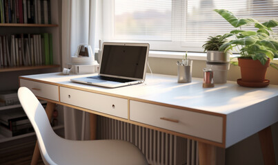 Close up computer desk area, scandinavian style