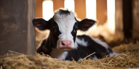 A lovely newborn calf in a dairy farm. The cute black and white Holstein is seen up close in the cowshed, surrounded by straw in the indoor stable.