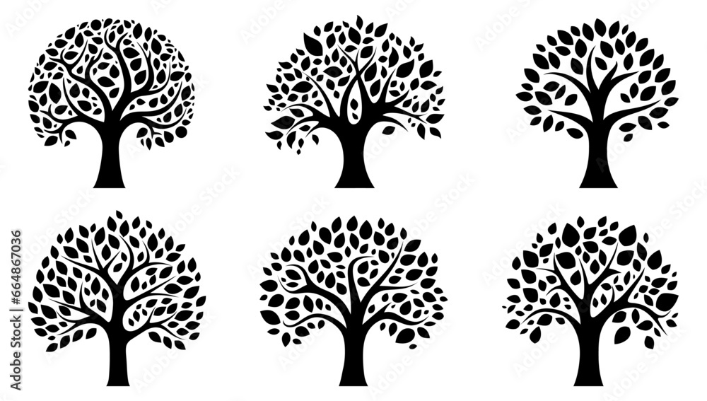 Poster tree logo design. set of isolated tree icons. black tree symbol with leaves.