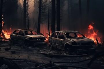 Fototapeta na wymiar Burned Cars After Natural Disaster