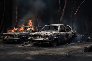 Burned Cars After Natural Disaster. Сoncept Sunset Over The Ocean, Mountain Hiking Adventure,...