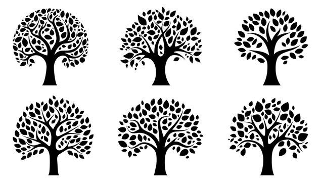 Tree logo design. Set of isolated tree icons. Black tree symbol with leaves.
