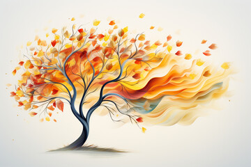 Obraz premium Serene beauty of an autumn tree as golden leaves rustle in the wind, set against a pure white backdrop. Ai generated