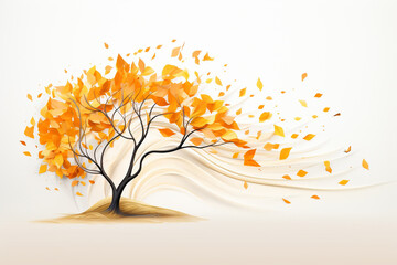 Serene beauty of an autumn tree as golden leaves rustle in the wind, set against a pure white backdrop. Ai generated