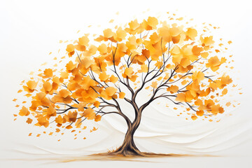 Serene beauty of an autumn tree as golden leaves rustle in the wind, set against a pure white backdrop. Ai generated