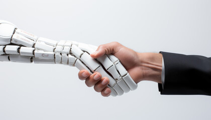 White background photograph of a human hand shaking a robotic hand,