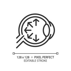 2D pixel perfect editable black eyeball with arrow symbols icon, isolated simple vector, thin line illustration representing eye care.