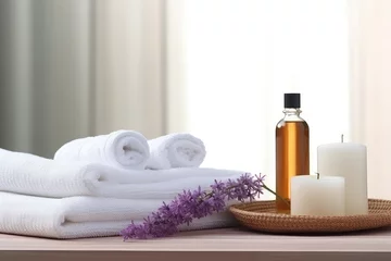Poster Beauty Treatment Items For Spa Procedures Arranged On White Wooden Table © Anastasiia