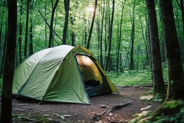close-up of tent set up among green trees in forest