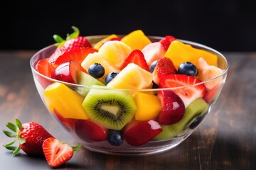 bright fruit salad in a transparent bowl