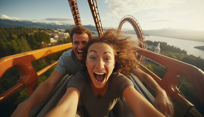 A couple, once on a roller coaster at an amusement park, screaming with excitement, on a bright day, with a lake and snow-capped mountains in the background.