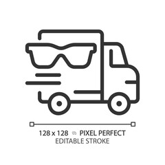 2D pixel perfect editable black eyeglasses logistics icon, isolated simple vector, thin line illustration representing eye care.