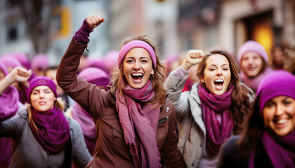 women's day demonstration with purple headscarves and hats and raised fists in the streets of one city