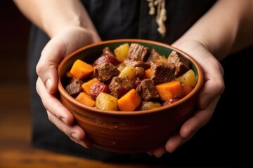 juicy beef stew in a bowl held by hand - Powered by Adobe