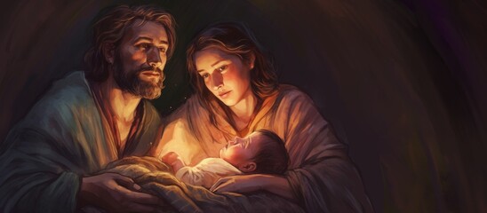 Christmas story. Christmas night, Mary, Joseph and the baby Jesus, Son of God , symbol of Christianity , generative ai - obrazy, fototapety, plakaty