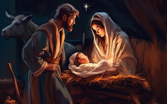 Christmas story. Christmas night, Mary, Joseph and the baby Jesus, Son of God , symbol of Christianity , generative ai