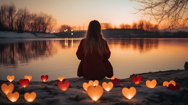 Serenity by the Riverside on Valentine's Day - A Meditating Sad Woman, Heart Candles, and Reflection in the Calm Evening