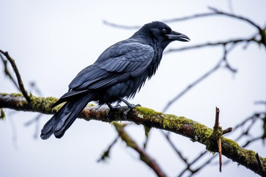 crow cawing on a tree branch in overcast sky
